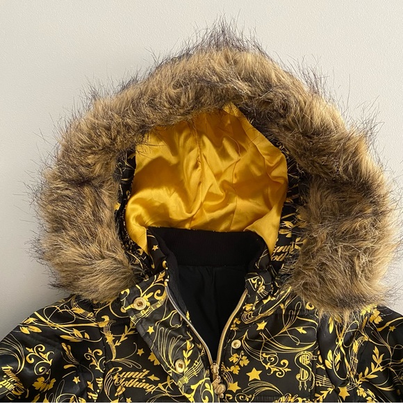 G-Unit Faux Fur Trim Hood Long Sleeves Gold & Black Puffer Jacket Girl’s Size XS - Picture 3 of 16
